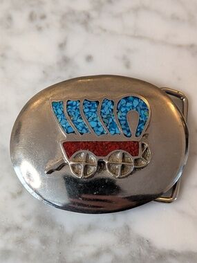 Vintage Western Crushed Turquoise Coral Chip Inlay Covered Wagon Belt Buckle